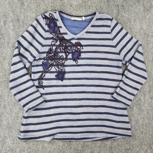 Soft Surroundings Sweater Womens Petite Large Blue Stripe Floral Embroidered Top